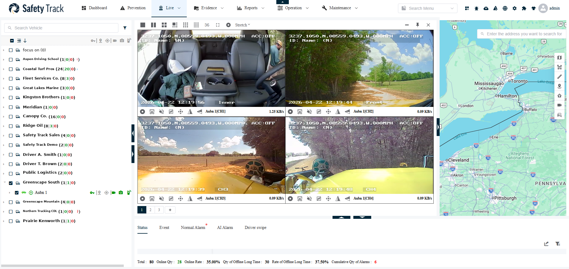 VSS live dashboard showing multiple truck cameras