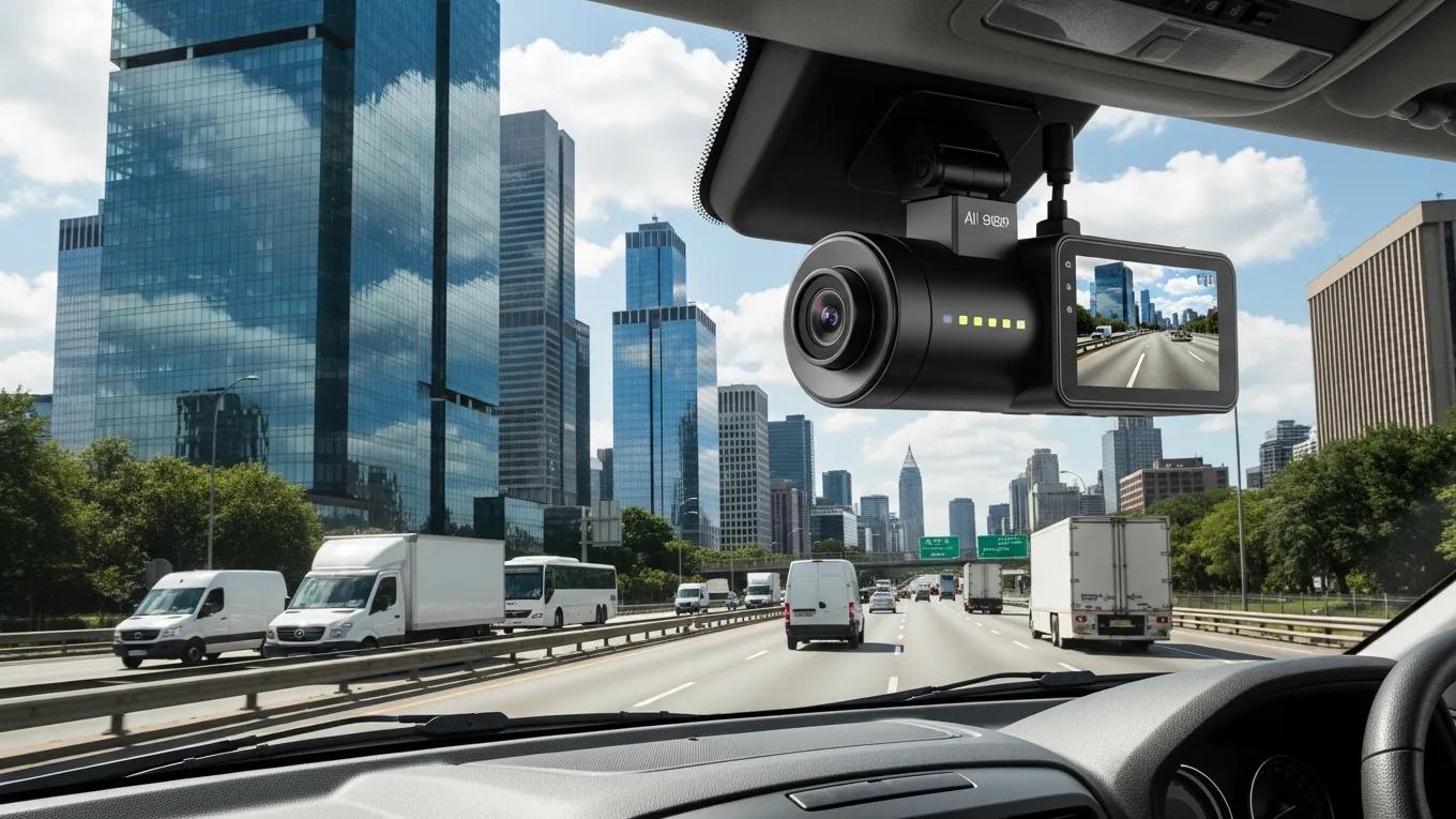 AI dash cam mounted in a commercial vehicle, highlighting advanced technology for fleet safety