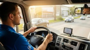Driver in a delivery truck demonstrating attentive driving behavior