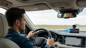 Driver monitored by AI dash cam, illustrating real-time behavior analysis for safety