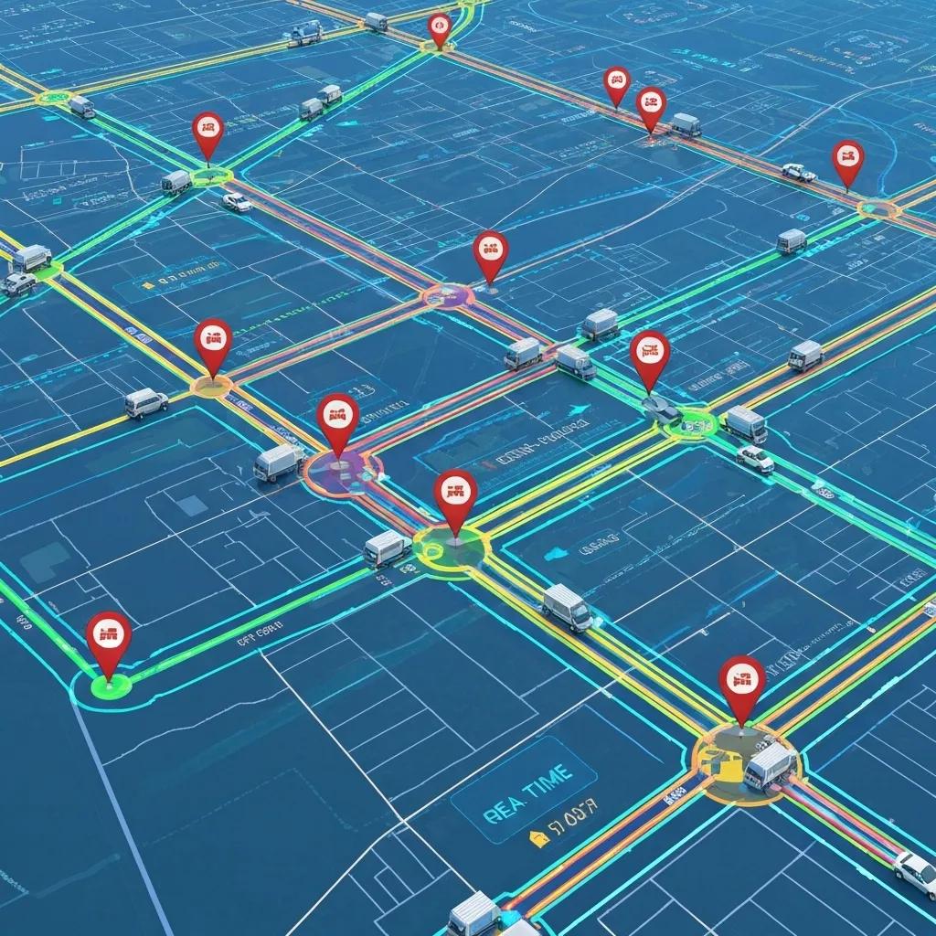 AI-powered route optimization with highlighted routes and real-time traffic data on a digital map