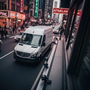 Commercial fleet vehicles equipped with advanced camera systems navigating a busy city street