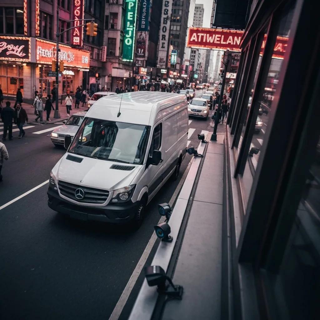 Commercial fleet vehicles equipped with advanced camera systems navigating a busy city street
