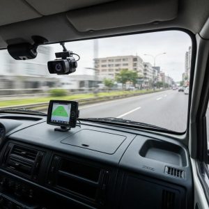 Commercial vehicle with GPS and camera technology on a busy road, emphasizing advanced driver training