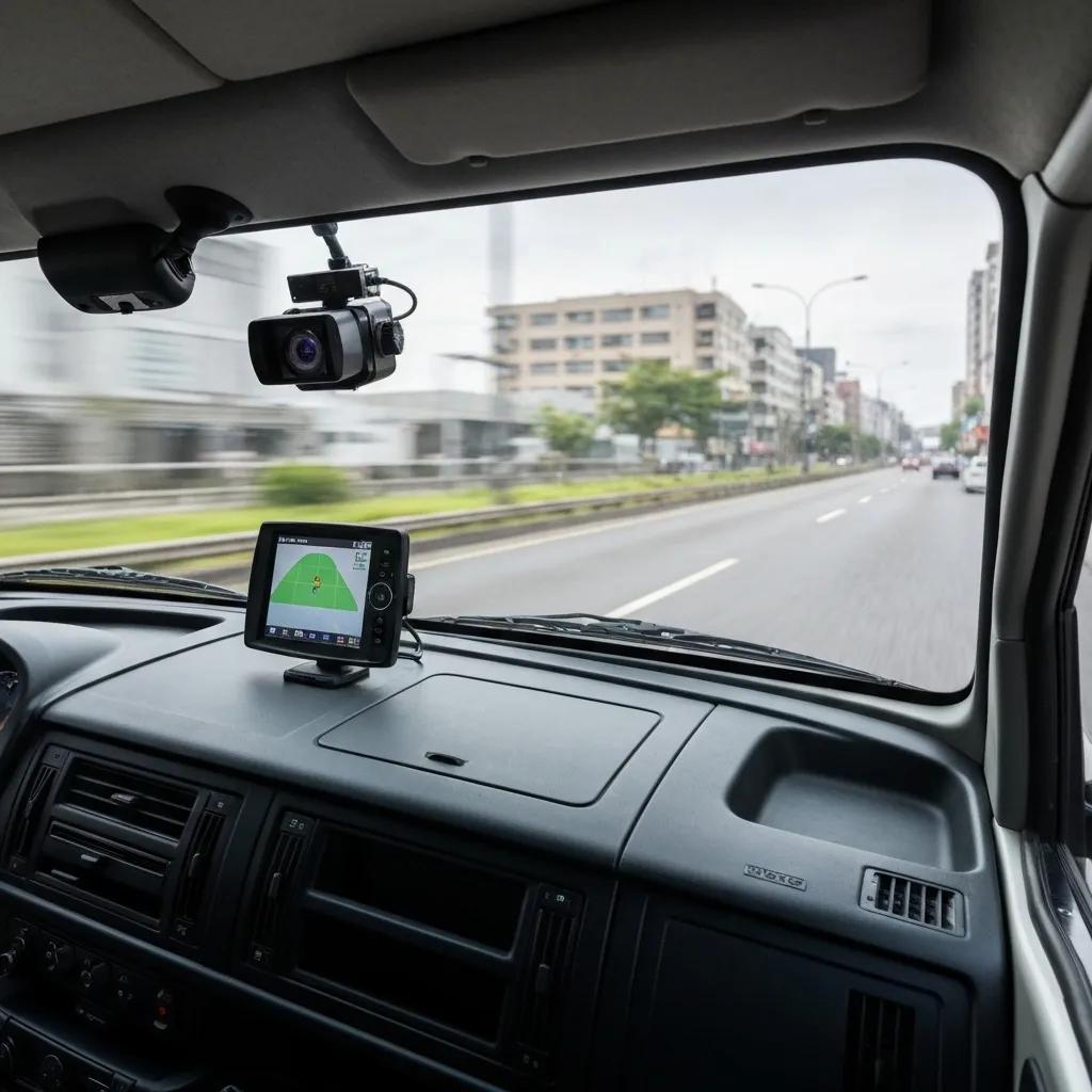 Commercial vehicle with GPS and camera technology on a busy road, emphasizing advanced driver training