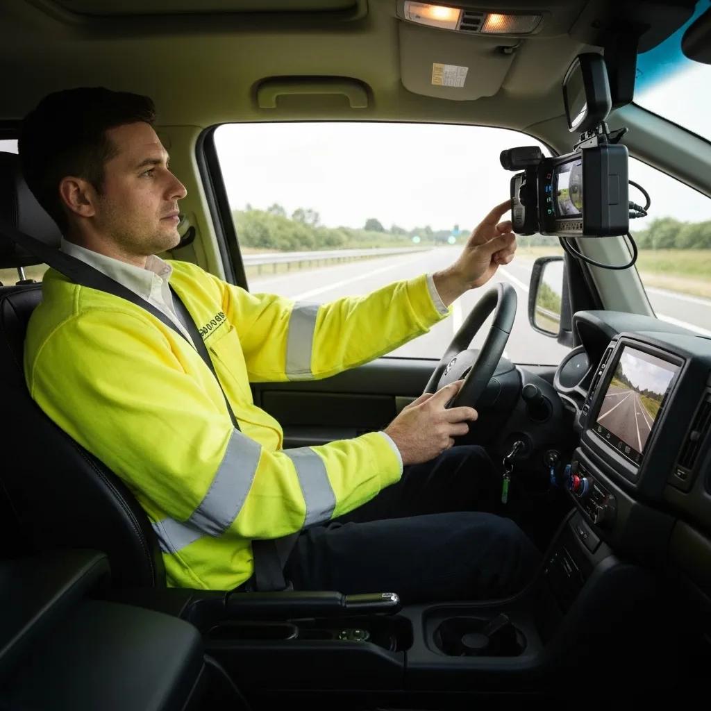 Driver using an in-cab camera system, highlighting the integration of technology in driver training