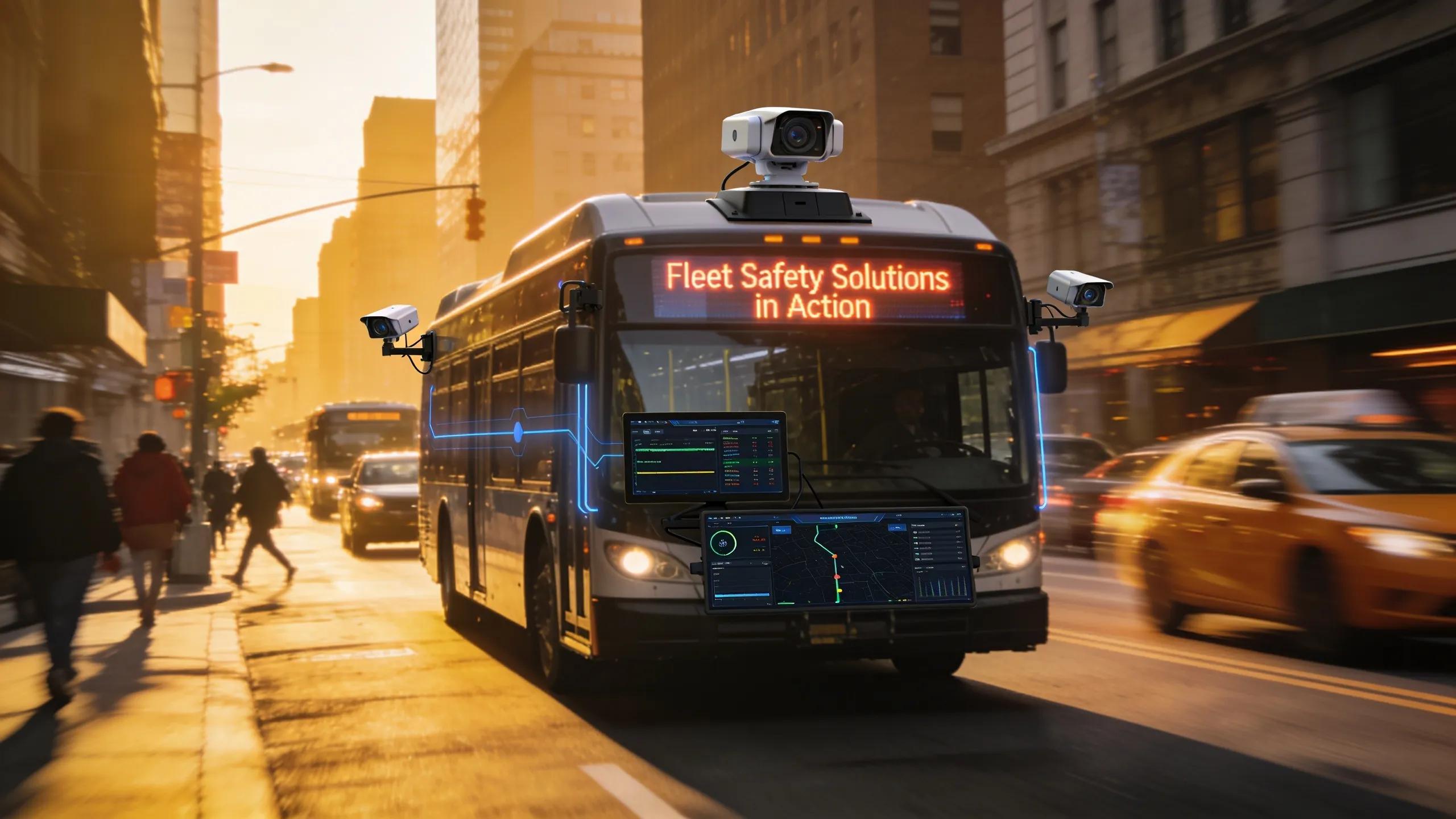 Public transportation bus utilizing advanced telematics technology on a busy city street, showcasing real-world applications of fleet safety solutions.