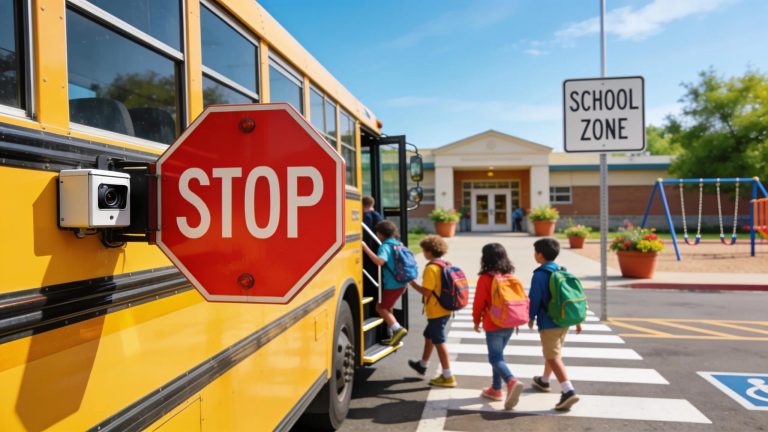 School bus with stop-arm camera technology in a school zone demonstrating safety measures