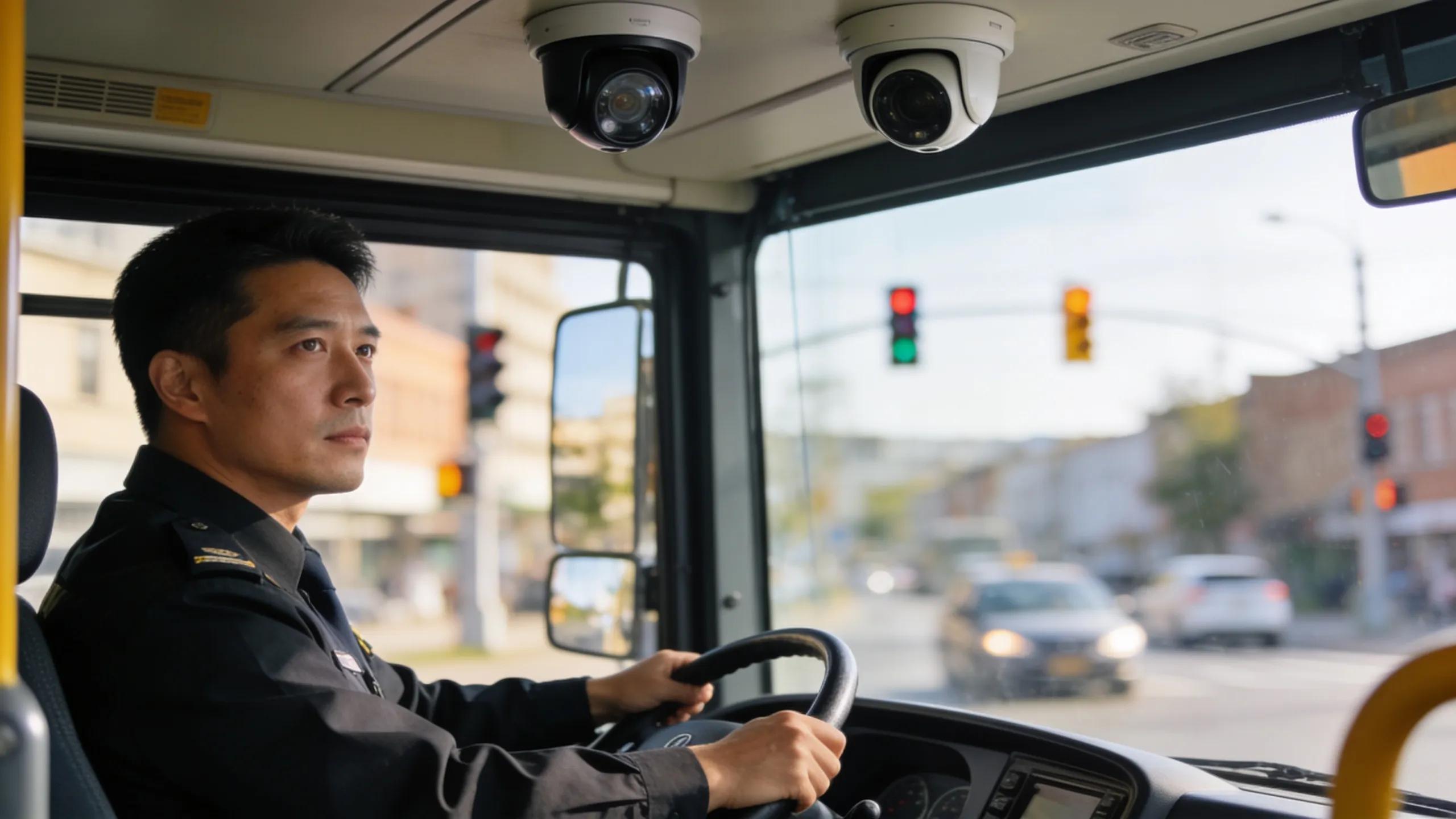 School bus driver monitored by surveillance systems reinforcing accountability