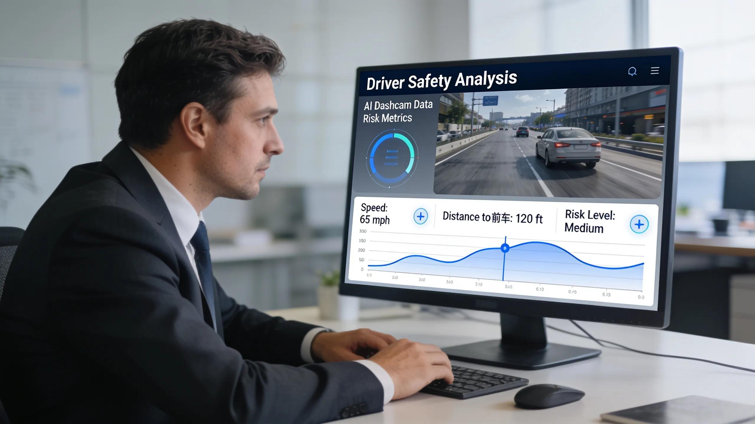Fleet manager analyzing AI dashcam data for improved driver safety