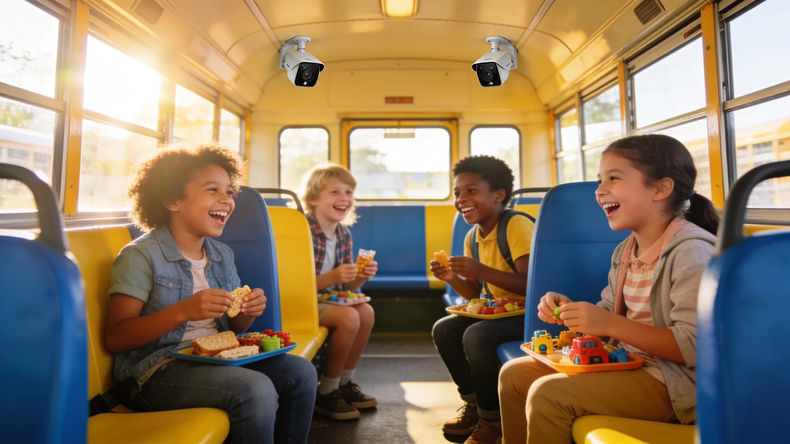 Interior of school bus showing children engaged in positive interactions under surveillance