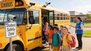 School bus equipped with surveillance systems ensuring student safety