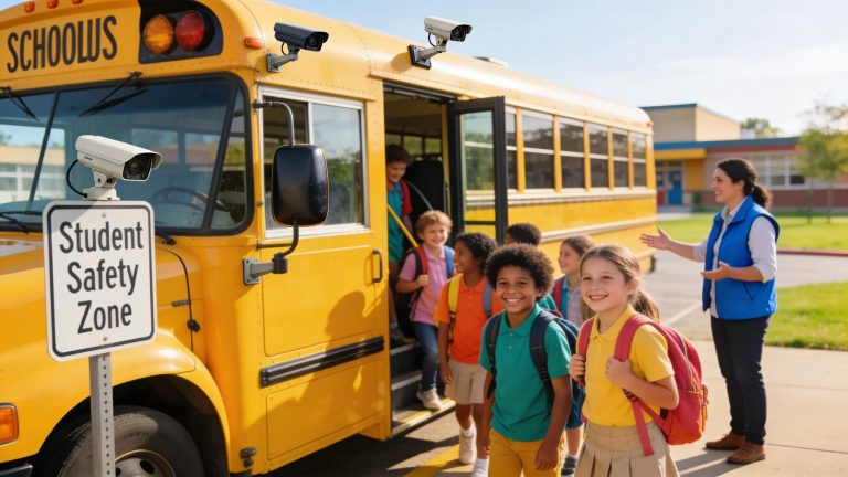 School bus equipped with surveillance systems ensuring student safety