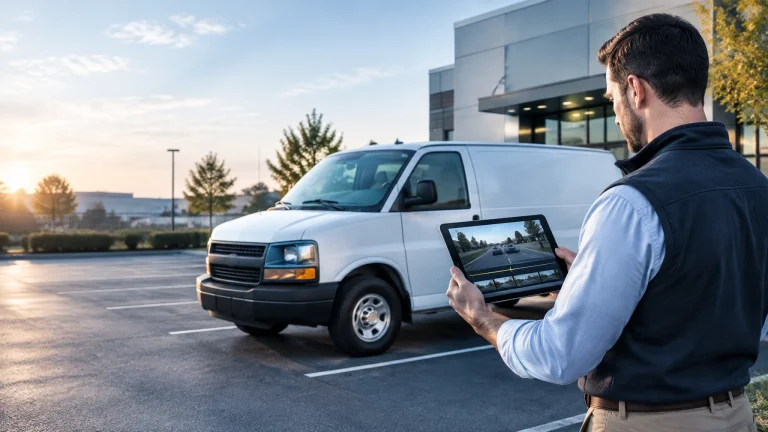 Man reviewing dash cam video footage of a commercial van, highlighting fleet safety and management