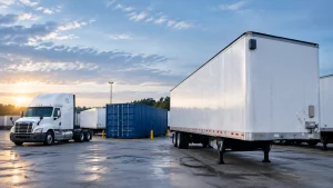 Fleet of semi-trucks and trailers parked at a facility, showcasing Safety Track's fleet management solutions