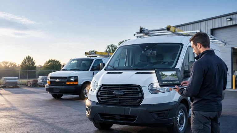 Man accessing dash cam footage of work vans, demonstrating Safety Track's fleet video management system